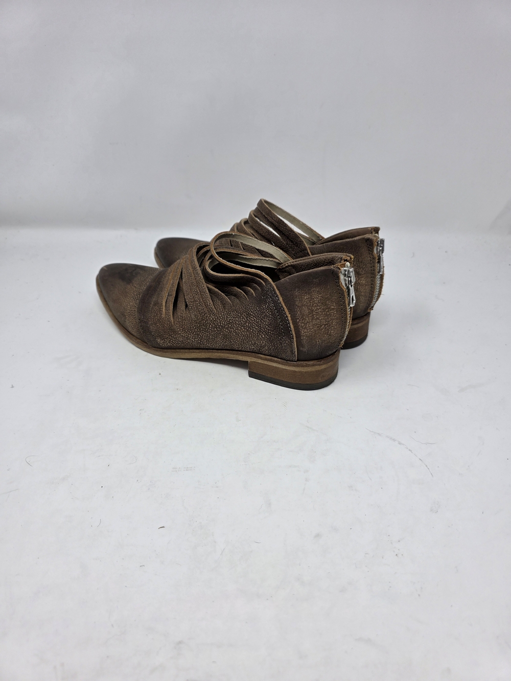 Free People Royale Flat Leather Ankle Boots Strappy Pointed Toe Brown EU 38 US 8